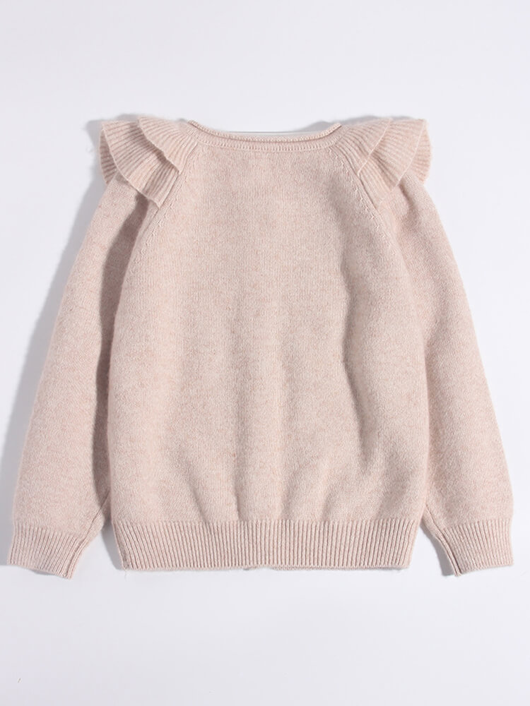 Girls Ruffle Shoulder Floral Embroidered Beige Cashmere Cardigan